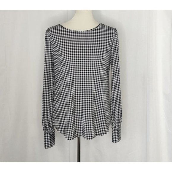 Ann Taylor Top M Gingham Plaid Blouse Black White Long Sleeve - Picture 3 of 8
